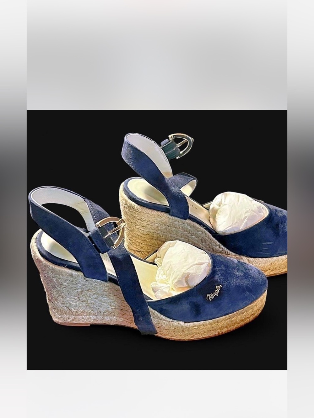 Bruno Magli Navy Suede Espadrille Wedge Sandals with Ankle Strap